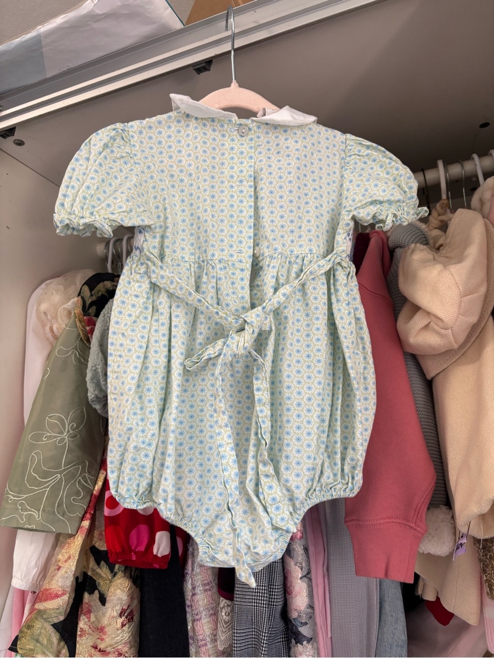 Classic Smocked Baby Bubble Romper - Light Blue and White - Picture 2 of 5